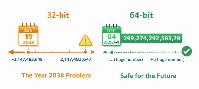 Comparison chart showing time range limitations of 32-bit versus 64-bit timestamps