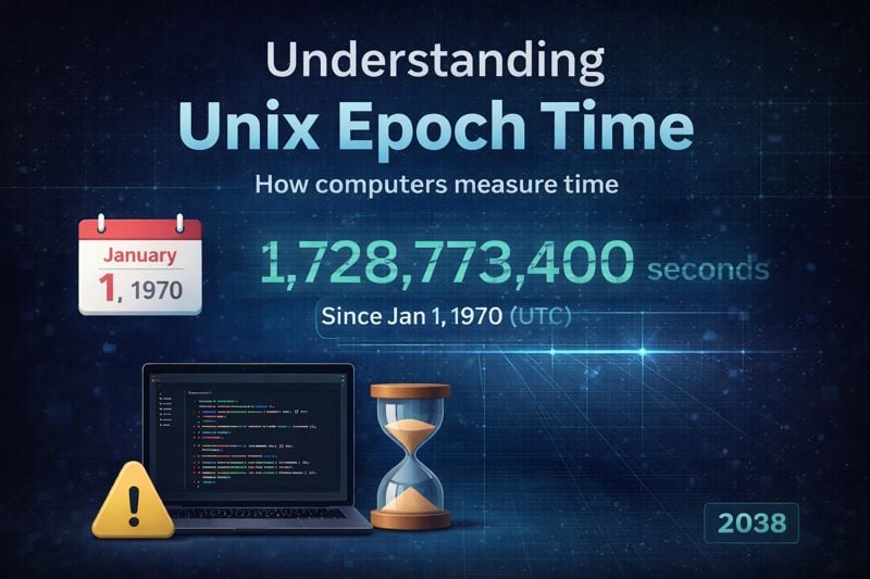 Illustration showing a digital timeline of Unix epoch time with a calendar set to January 1, 1970, a glowing seconds counter, programming code on a laptop, and a subtle 2038 warning, representing how computers measure time.
