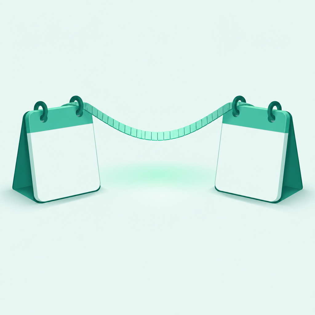 Two calendar days linked by a ribbon of seconds, representing a date difference in seconds