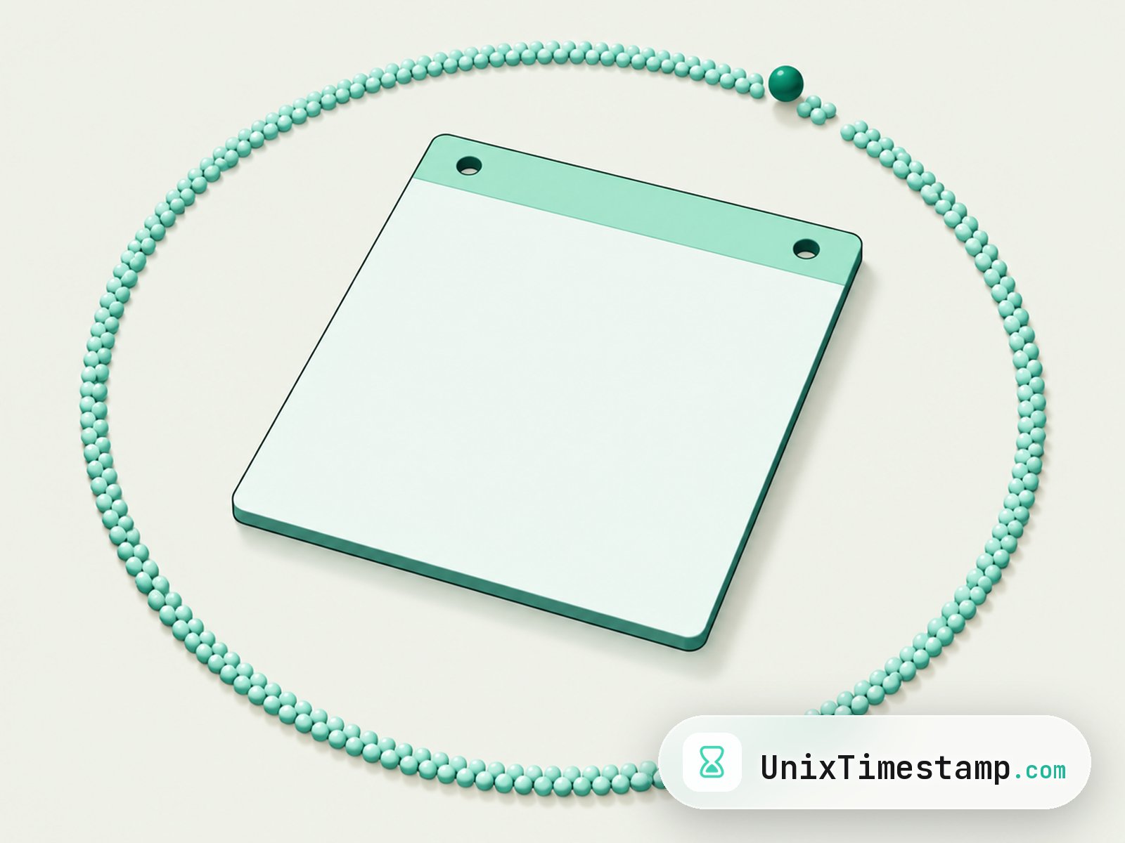 A blank calendar day sheet ringed by thousands of tiny mint beads representing the 86,400 seconds in a day, with one extra bead breaking the ring