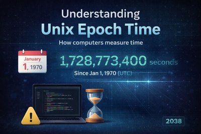 Unixエポック時間のデジタルタイムライン図。1970年1月1日のカレンダー、光る秒数カウンター、ノートPCのプログラミングコード、2038年問題の警告を表示し、コンピュータの時間計測を表現。