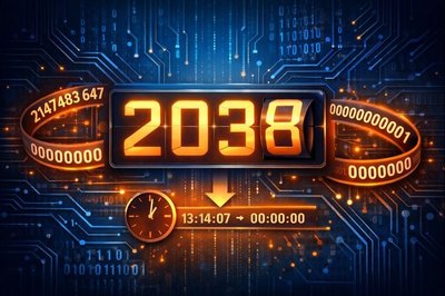 2038年問題を表すデジタルイラスト（Unixタイムオーバーフロー問題）