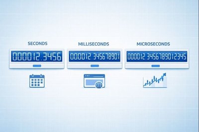 秒、ミリ秒、マイクロ秒を示すデジタル時計と、それぞれの使用例を比較した時間精度の図