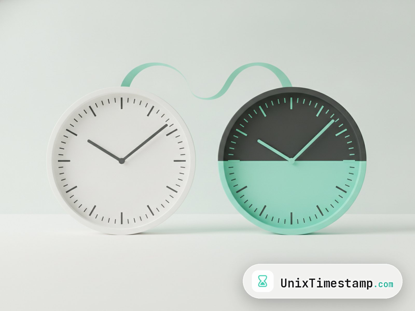 A twelve hour clock dial and a twenty four hour clock dial standing side by side, linked by a mint ribbon