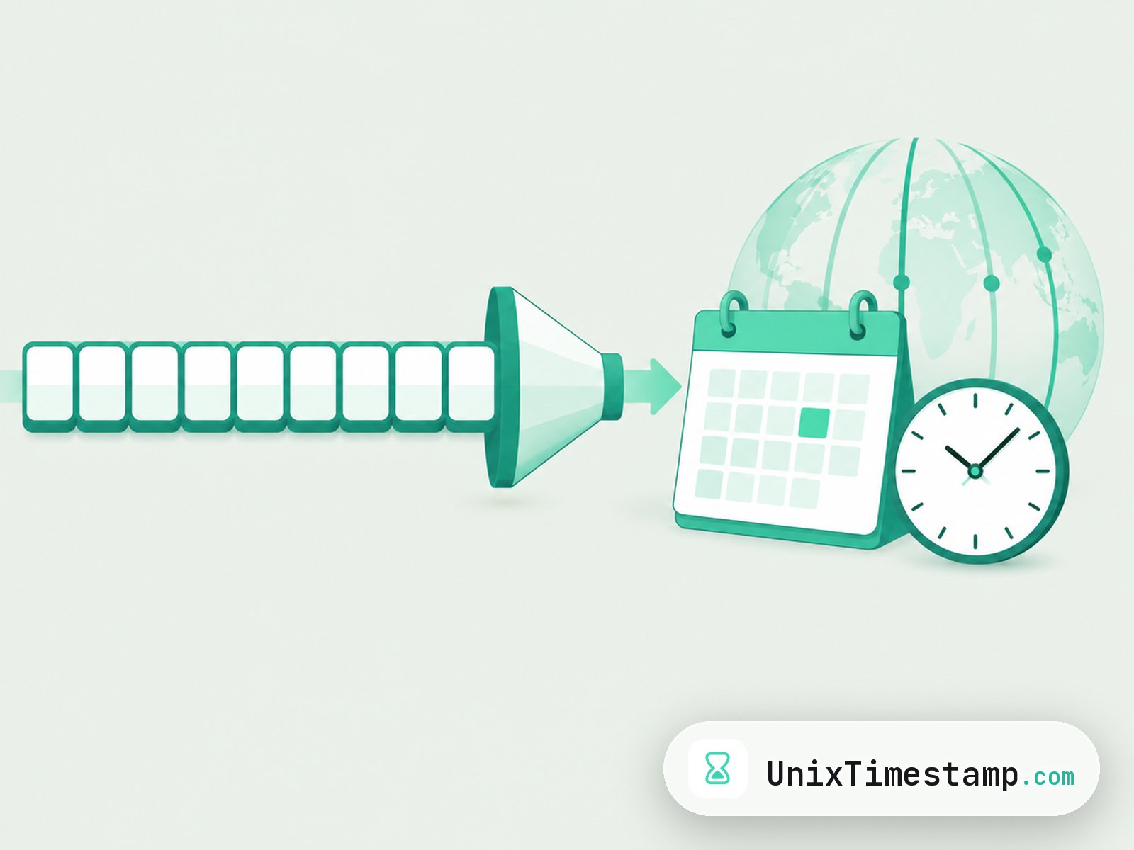 A row of Unix timestamp counter tiles converted into a calendar date and a clock, with a globe showing time zones