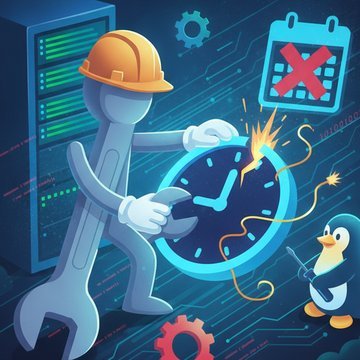 Conceptual illustration of cron job troubleshooting, with broken automation on one side and a successful scheduled workflow on the other, highlighting logs, syntax, permissions, and environment issues.