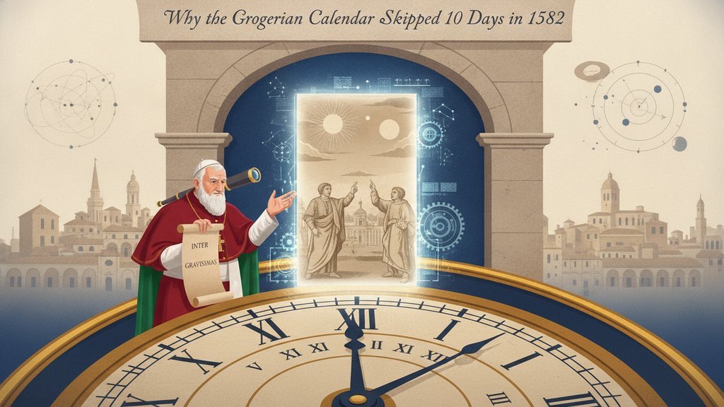 A torn calendar page revealing the 10-day gap of the 1582 Gregorian calendar reform, set against a warm Renaissance-era backdrop.
