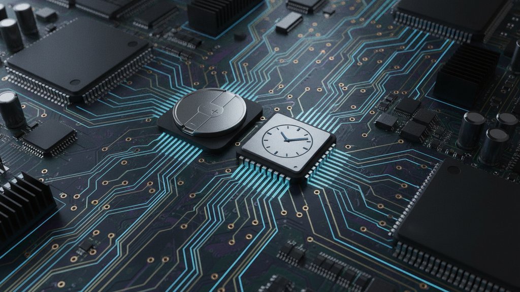 A glowing coin cell battery sits beside an open laptop, illustrating how computers keep time when powered off.