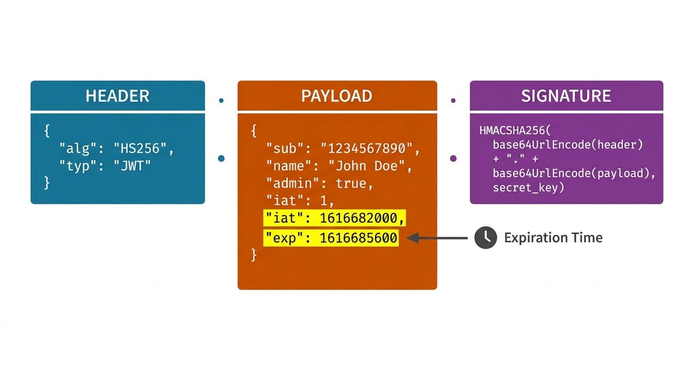 JWT 结构图，展示 header、payload 和 signature，以及 exp 和 iat 声明