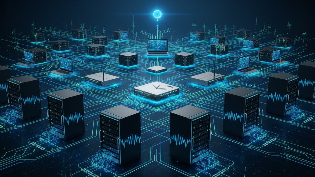 Diagram sinkronisasi waktu NTP menampilkan server waktu dan jam yang terhubung dalam jaringan global
