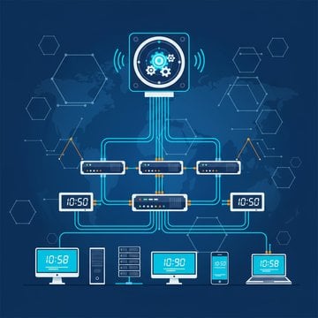 Diagram sinkronisasi waktu NTP menampilkan server waktu dan jam yang terhubung dalam jaringan global