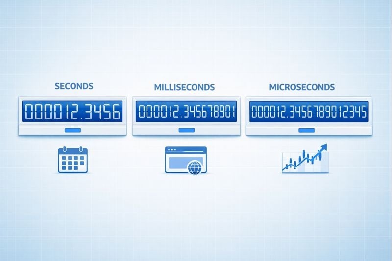 การเปรียบเทียบความแม่นยำของเวลา แสดงนาฬิกาดิจิทัลสำหรับวินาที มิลลิวินาที และไมโครวินาทีพร้อมการใช้งานที่แตกต่างกัน