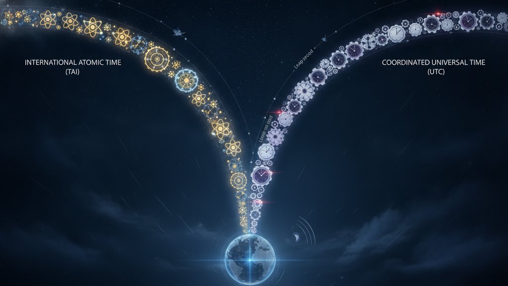 Conceptual illustration comparing International Atomic Time and Coordinated Universal Time, shown as two branching time paths with clocks, gears, and a globe.