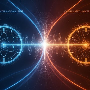 Conceptual illustration comparing International Atomic Time and Coordinated Universal Time, shown as two branching time paths with clocks, gears, and a globe.