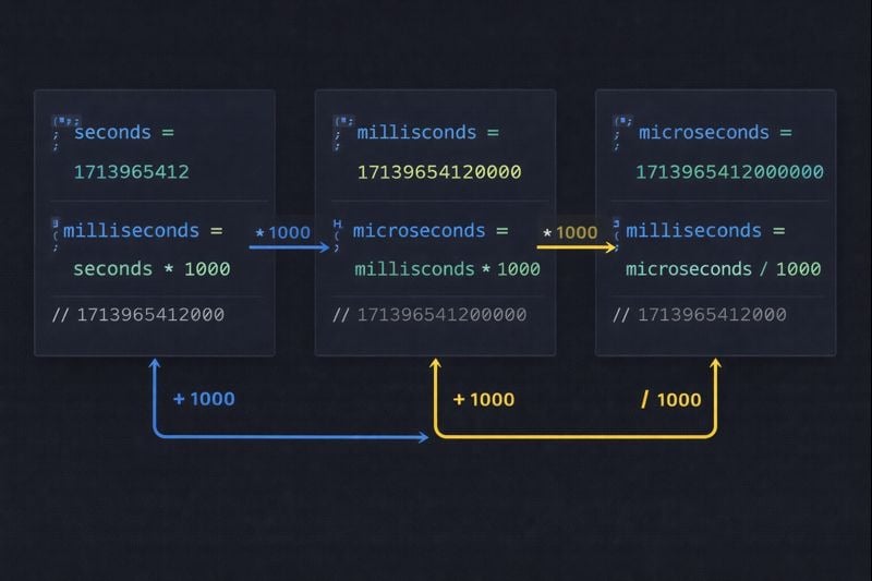 Code examples showing conversion between seconds, milliseconds, and microseconds timestamps