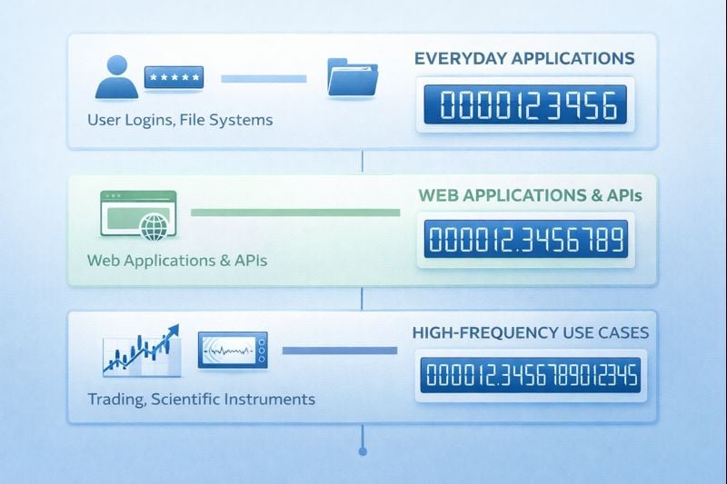 Diagram showing appropriate use cases for seconds vs milliseconds vs microseconds timestamps