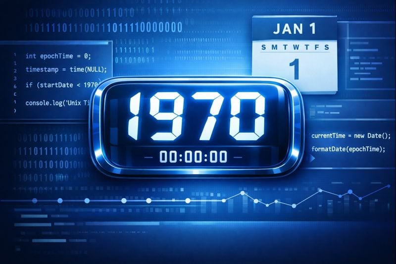 ภาพประกอบ Unix epoch time เริ่มต้นปี 1970 พร้อมนาฬิกาดิจิทัล โค้ดไบนารี และองค์ประกอบการเขียนโปรแกรม