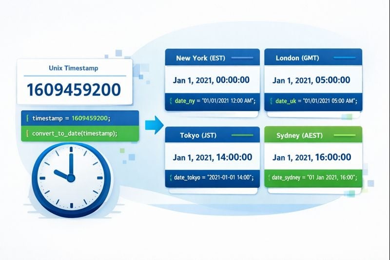 Unix timestamp tutorial showing best practices for developers with code examples and time conversion diagrams