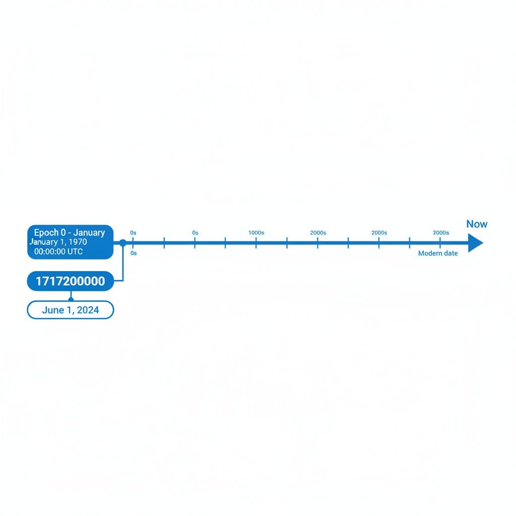 Diagram showing unix timestamp counting seconds from epoch 0 on January 1 1970 UTC