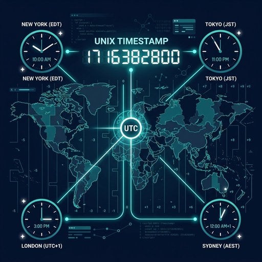 World map with UTC timezone lines and Unix timestamp connecting to multiple local clocks