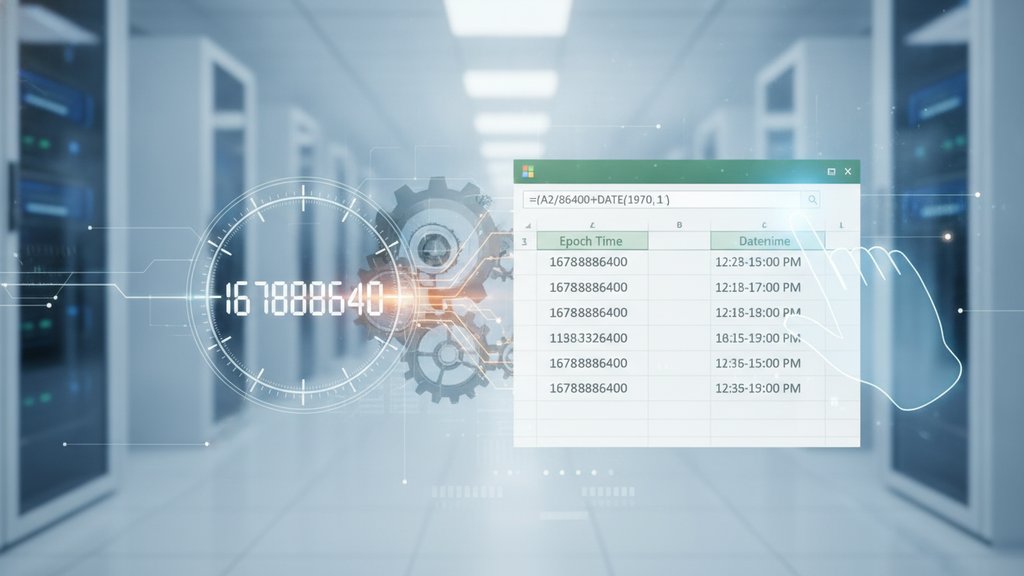 A spreadsheet on a glowing monitor displays epoch time values converting to readable datetime formats in Excel.