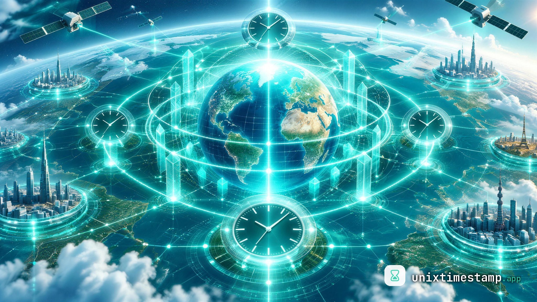 Illustration of UTC and GMT, showing a connected world map with clocks in different locations and satellites representing global timekeeping and synchronization.