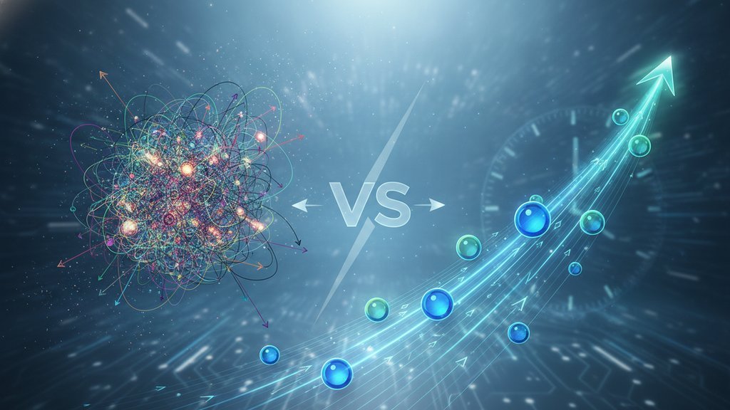 Two glowing UUID strings side by side, one timestamped and ordered, illustrating the shift from v4 to v7 time-ordered UUIDs.
