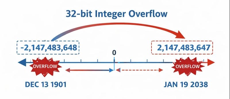 Diagram showing the year 2038 problem integer overflow from maximum value to negative