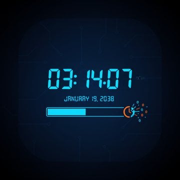 Digital clock displaying cascading numbers approaching 2038, symbolizing the Unix time limit with glowing code and abstract data streams in the background.